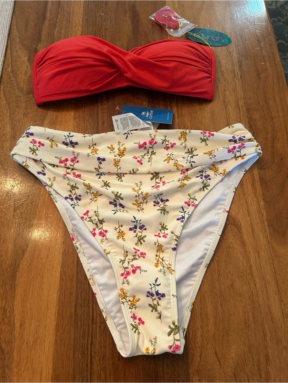 Cupshe Red Bandeau Top with Cream Floral High-Waist Bottoms